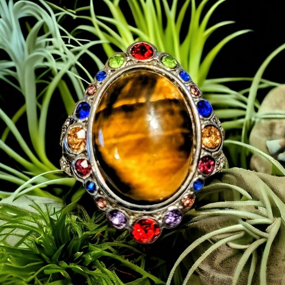 Halo Ring Tiger's Eye Multicolor Austrian Crystals 2.50 ctw Sz 9 Stnls Stl 4rg11